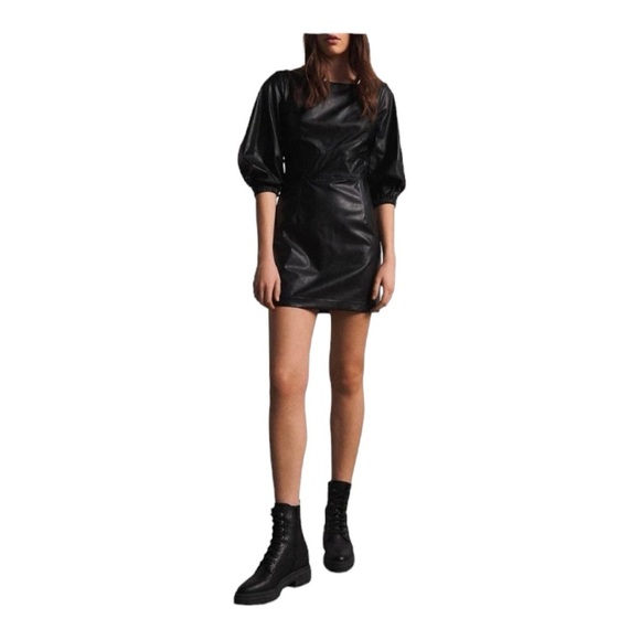 ba&sh Sae Faux Leather Mini Dress 3/4 Sleeves in Black Size Small - Picture 3 of 10